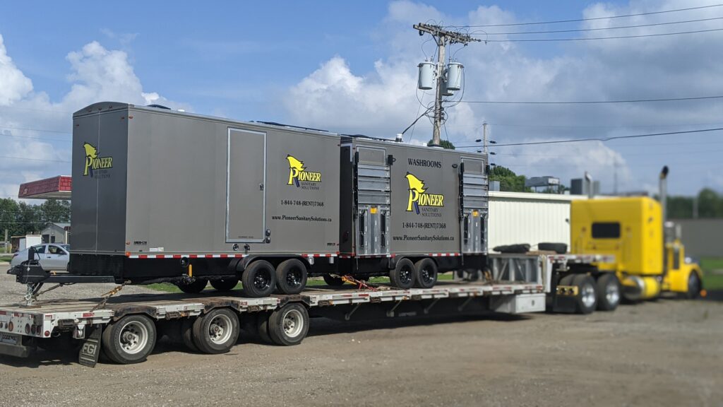 Restroom trailers being shipped